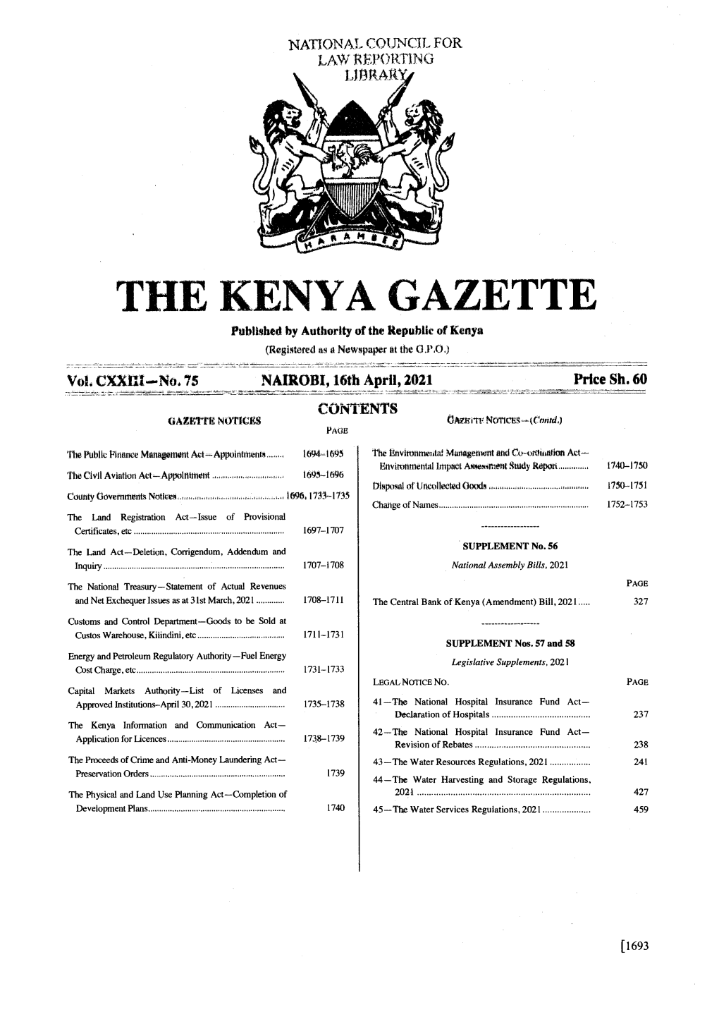 THE KENYA GAZETTE Published by Authority of the Republic of Kenya (Registered As a Newspaper at the 0.P,O.)