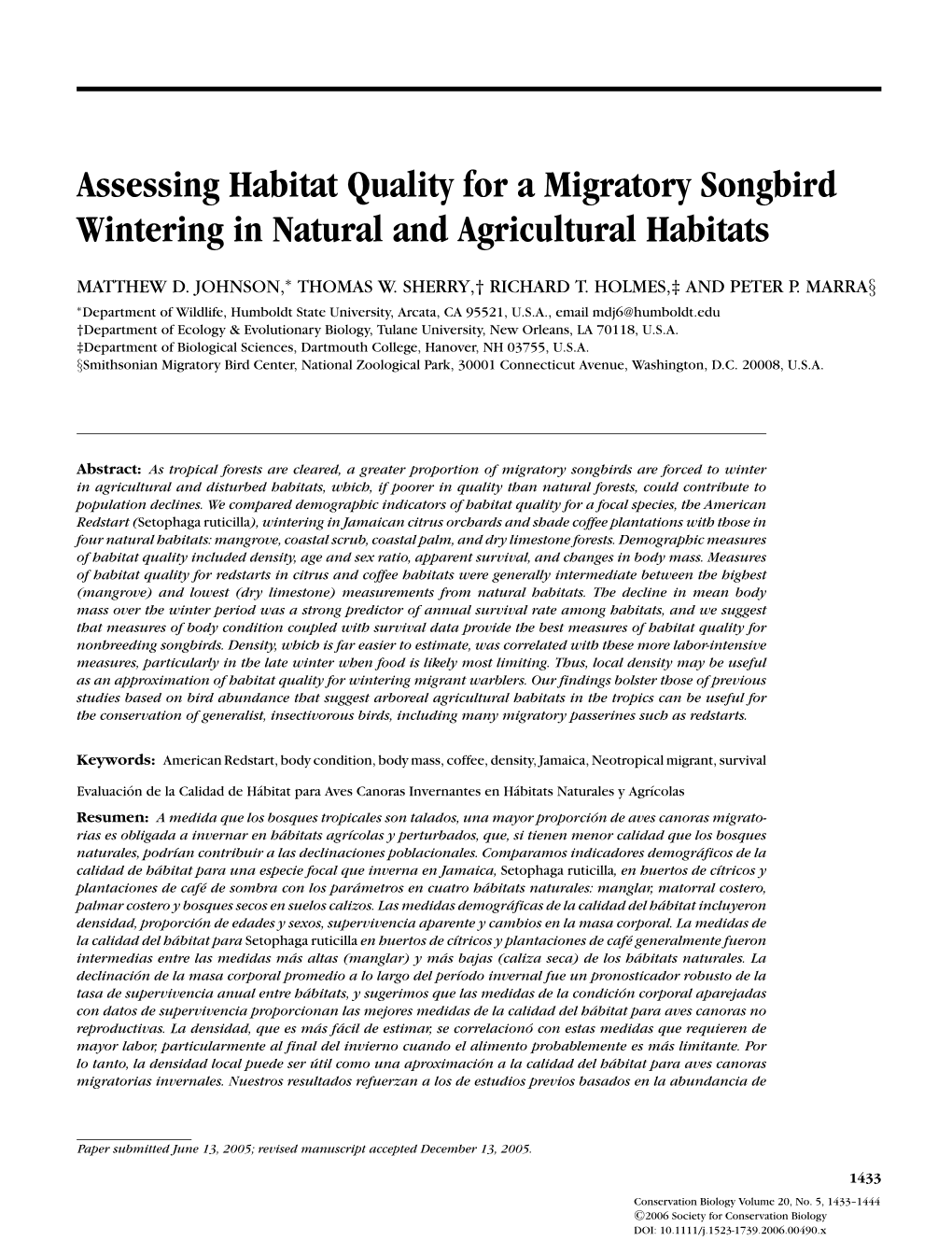 Assessing Habitat Quality for a Migratory Songbird Wintering in Natural and Agricultural Habitats