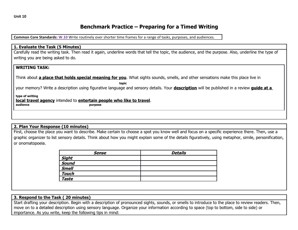 Benchmark Practice Preparing for a Timed Writing