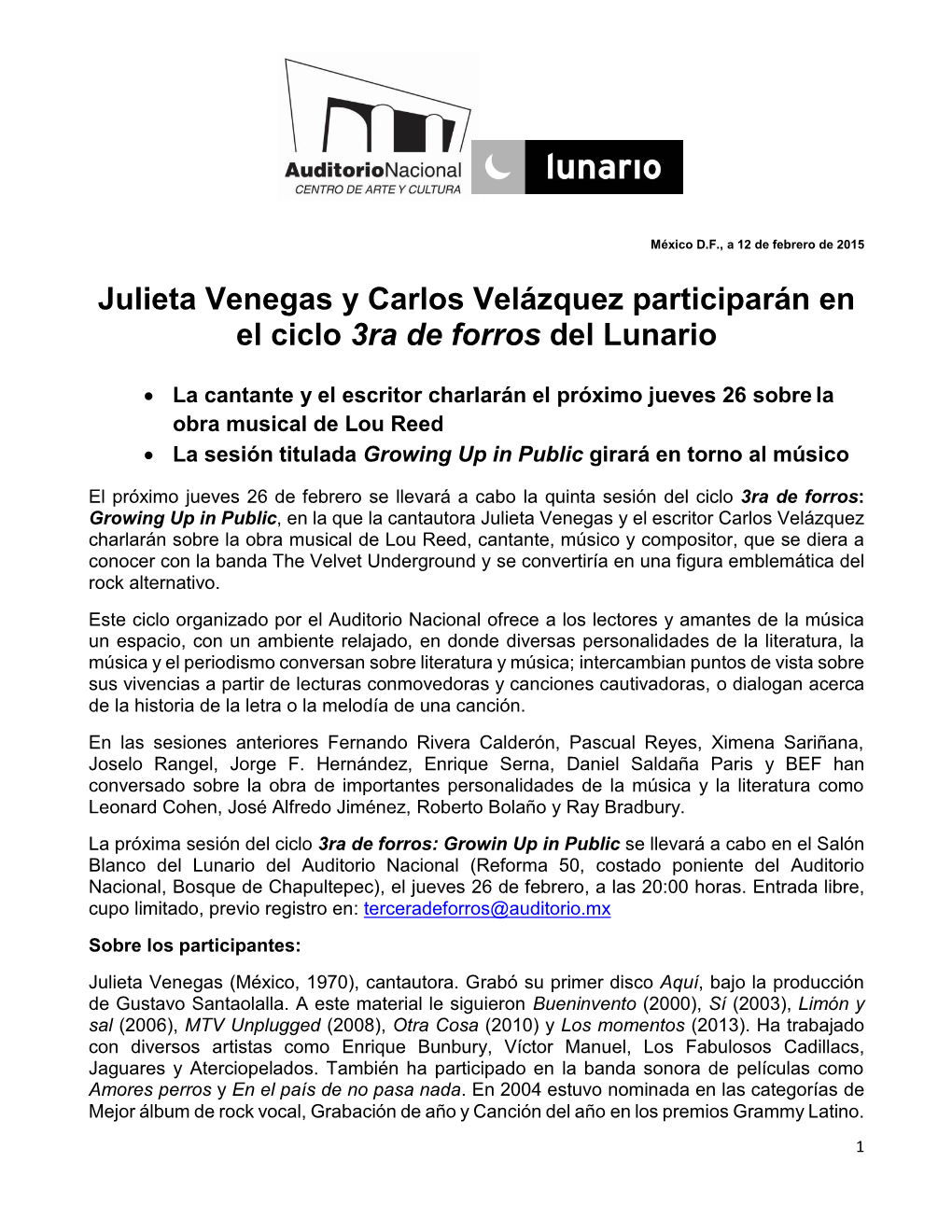 Julieta Venegas Y Carlos Velázquez Participarán En El Ciclo 3Ra De Forros Del Lunario