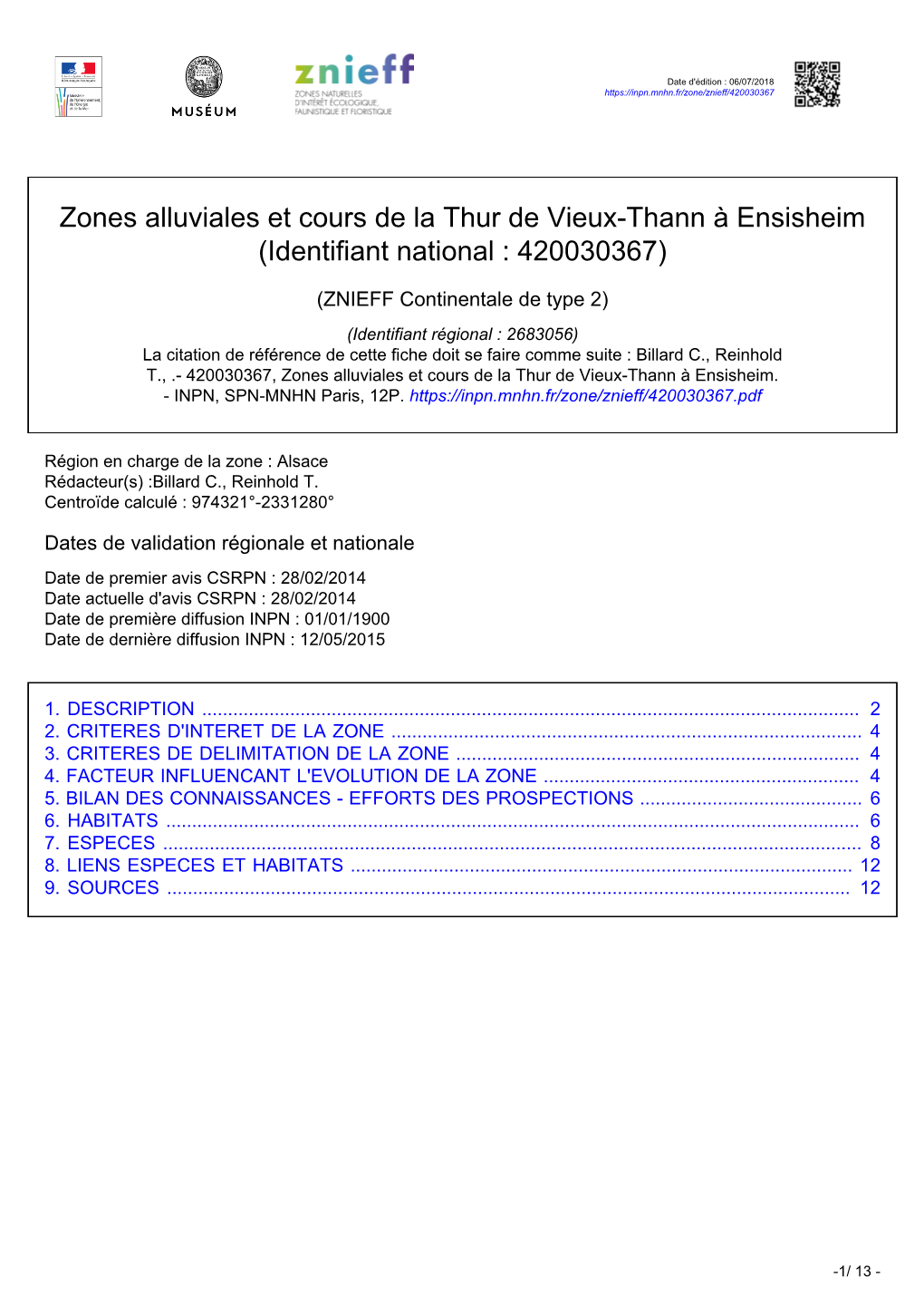 Zones Alluviales Et Cours De La Thur De Vieux-Thann À Ensisheim (Identifiant National : 420030367)