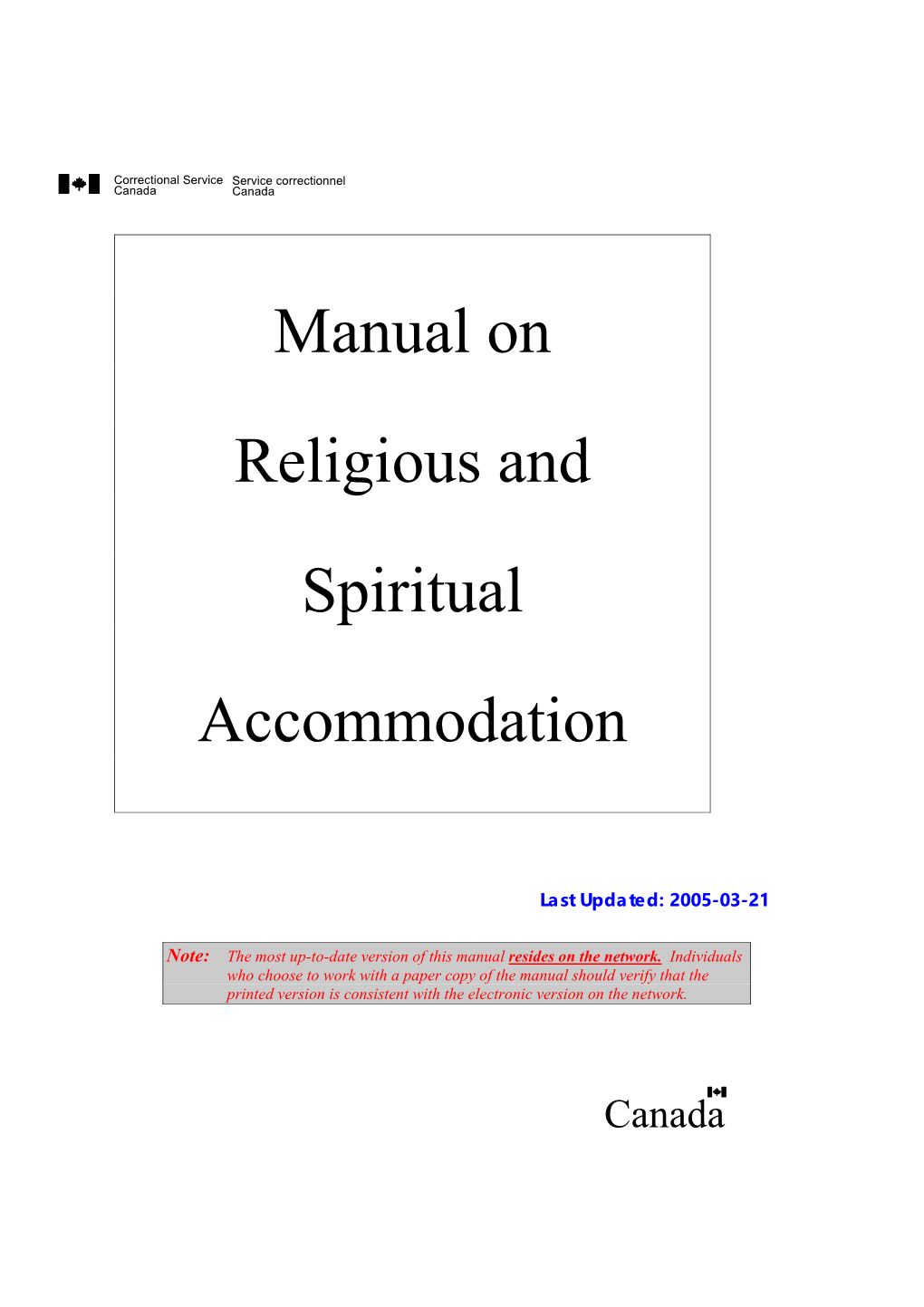 Manual on Religious and Spiritual Accommodation ~