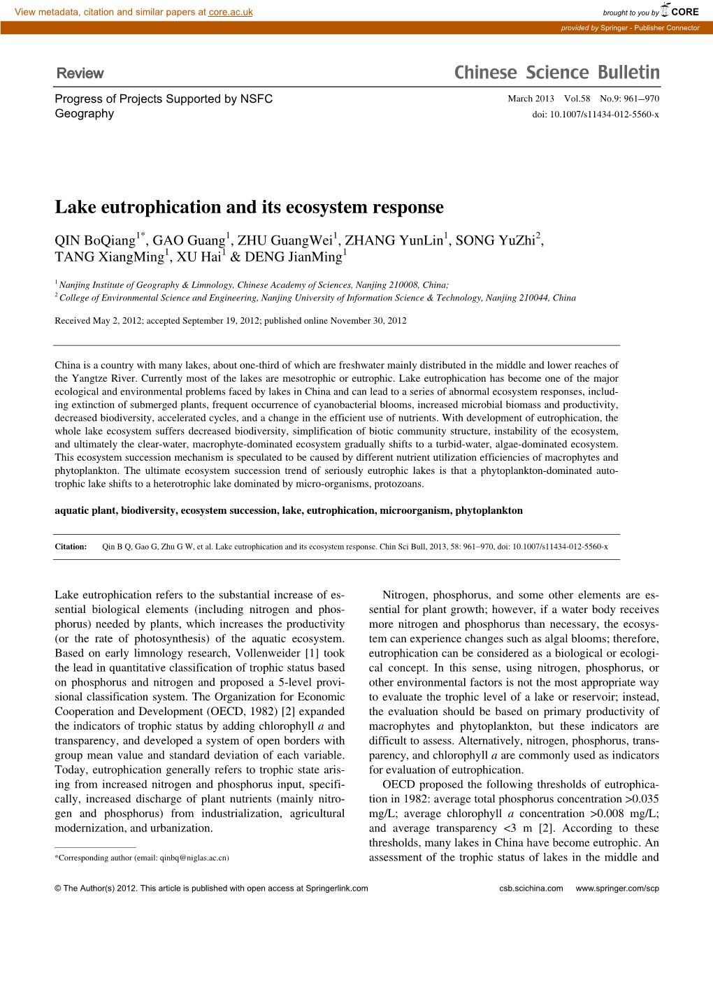 Lake Eutrophication and Its Ecosystem Response