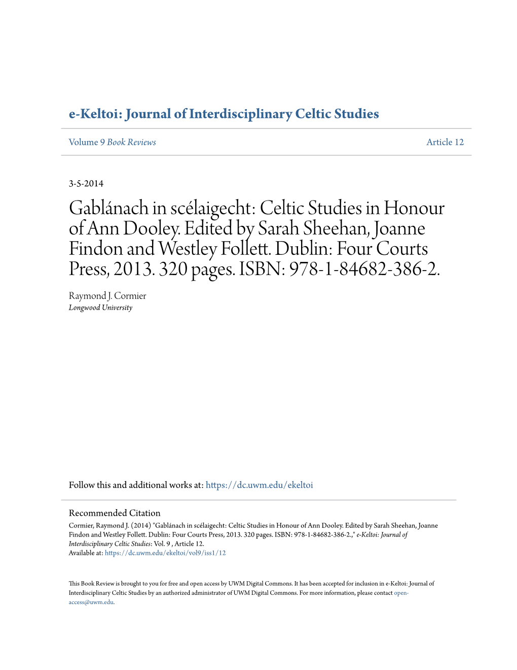 Celtic Studies in Honour of Ann Dooley