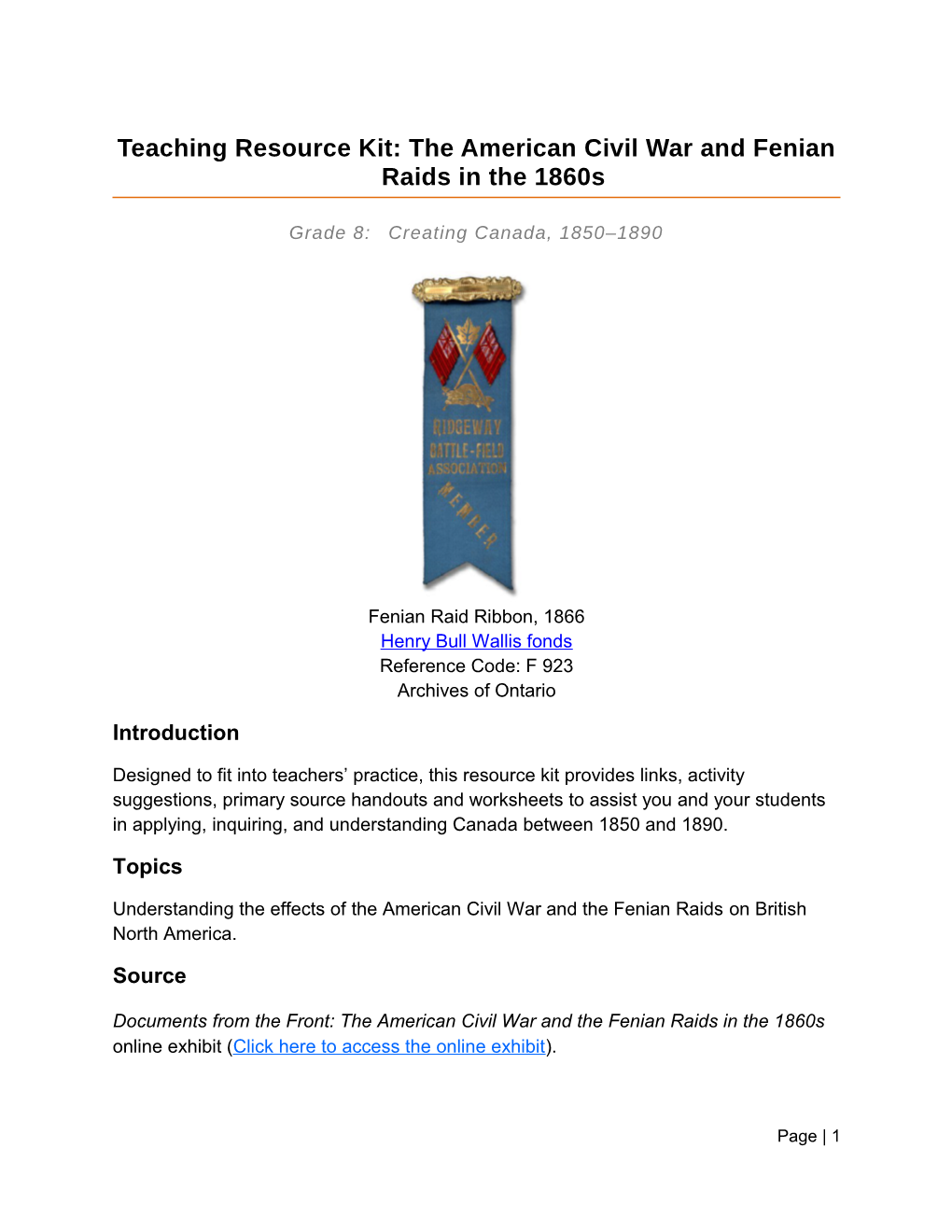 Teaching Resource Kit: the American Civil War and Fenian Raids in the 1860S Grade 8: Creating