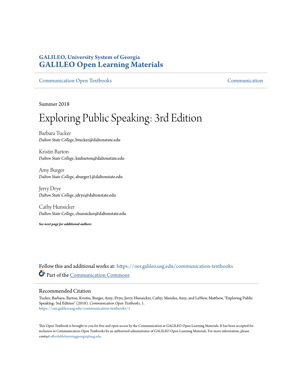 Exploring Public Speaking: 3Rd Edition Barbara Tucker Dalton State College, Btucker@Daltonstate.Edu