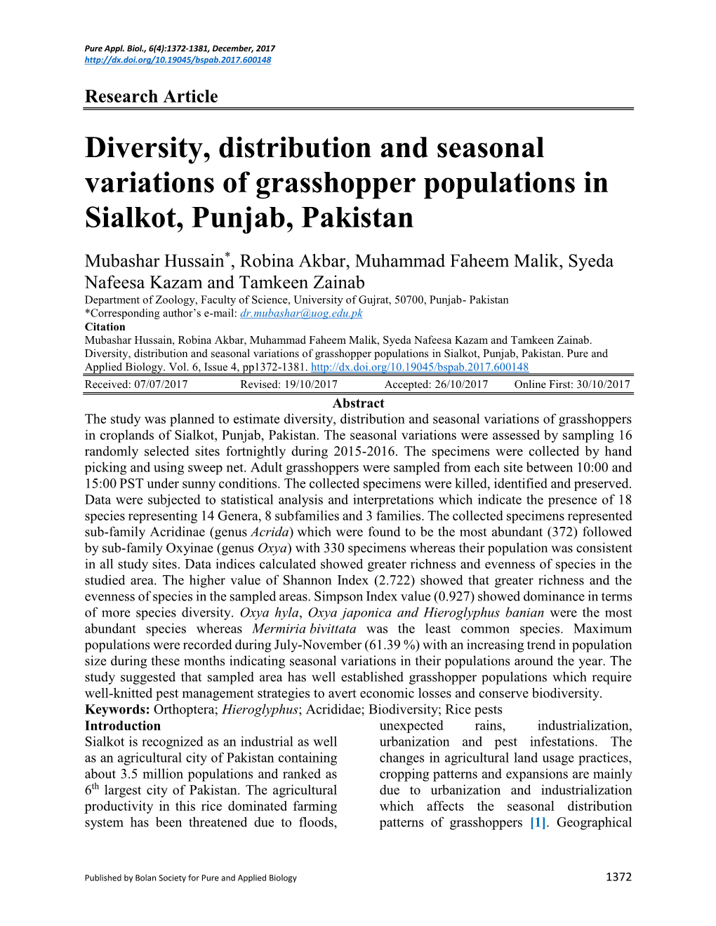 Diversity, Distribution and Seasonal Variations of Grasshopper Populations in Sialkot, Punjab, Pakistan