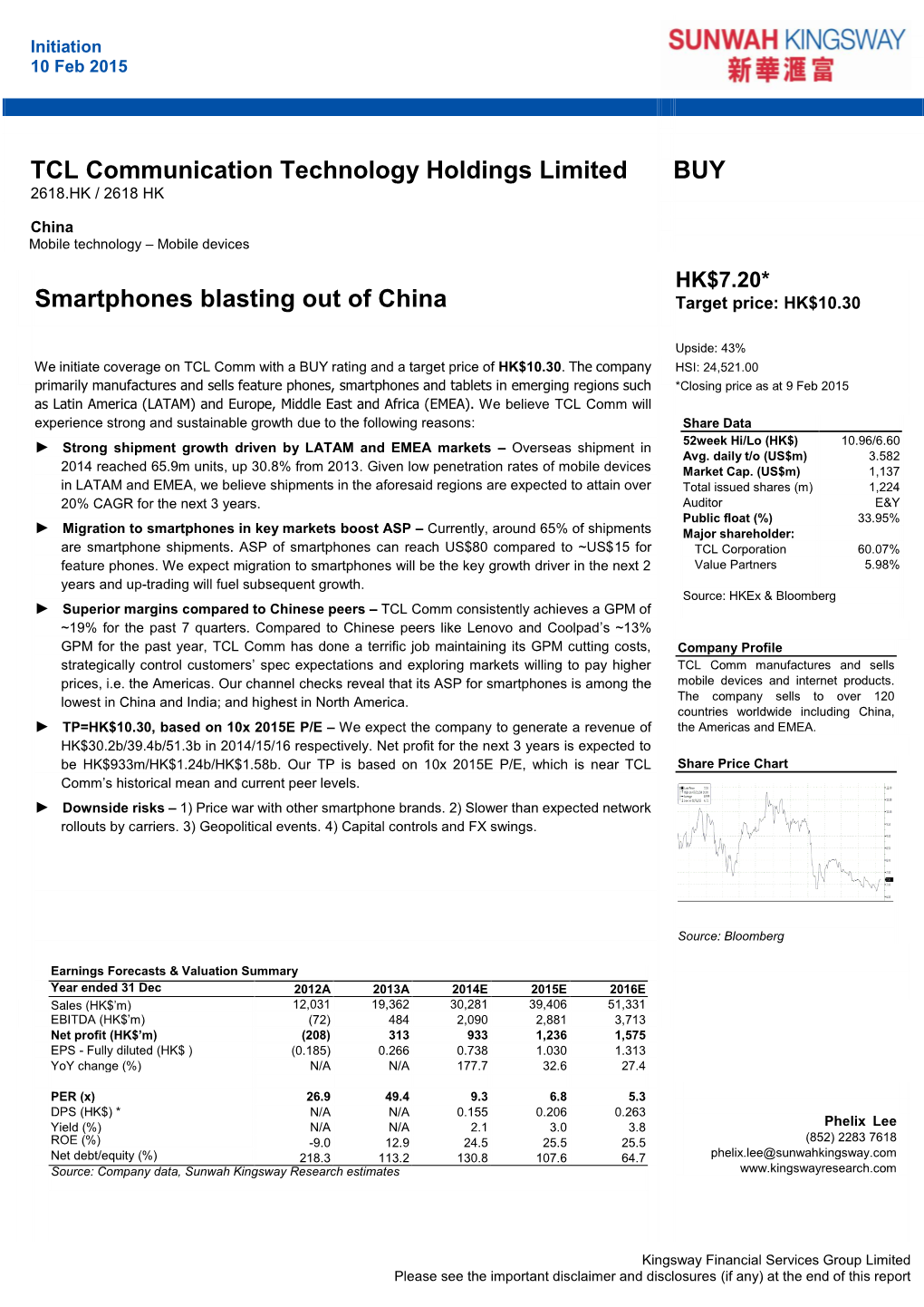 TCL Communication Technology Holdings Limited BUY 2618.HK / 2618 HK