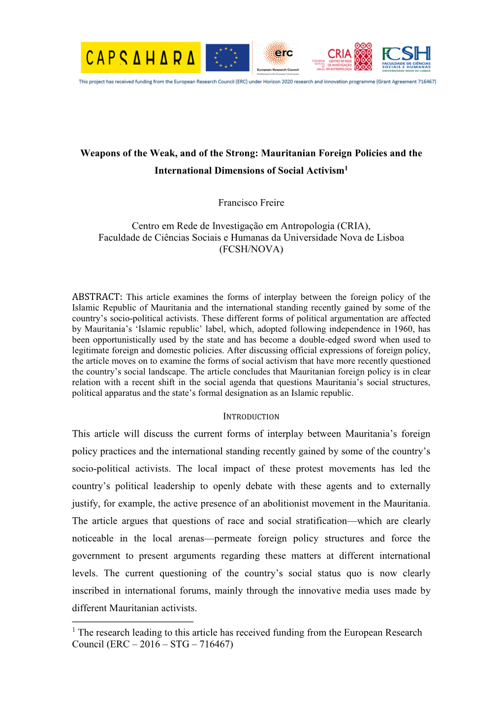 Weapons of the Weak, and of the Strong: Mauritanian Foreign Policies and the International Dimensions of Social Activism1