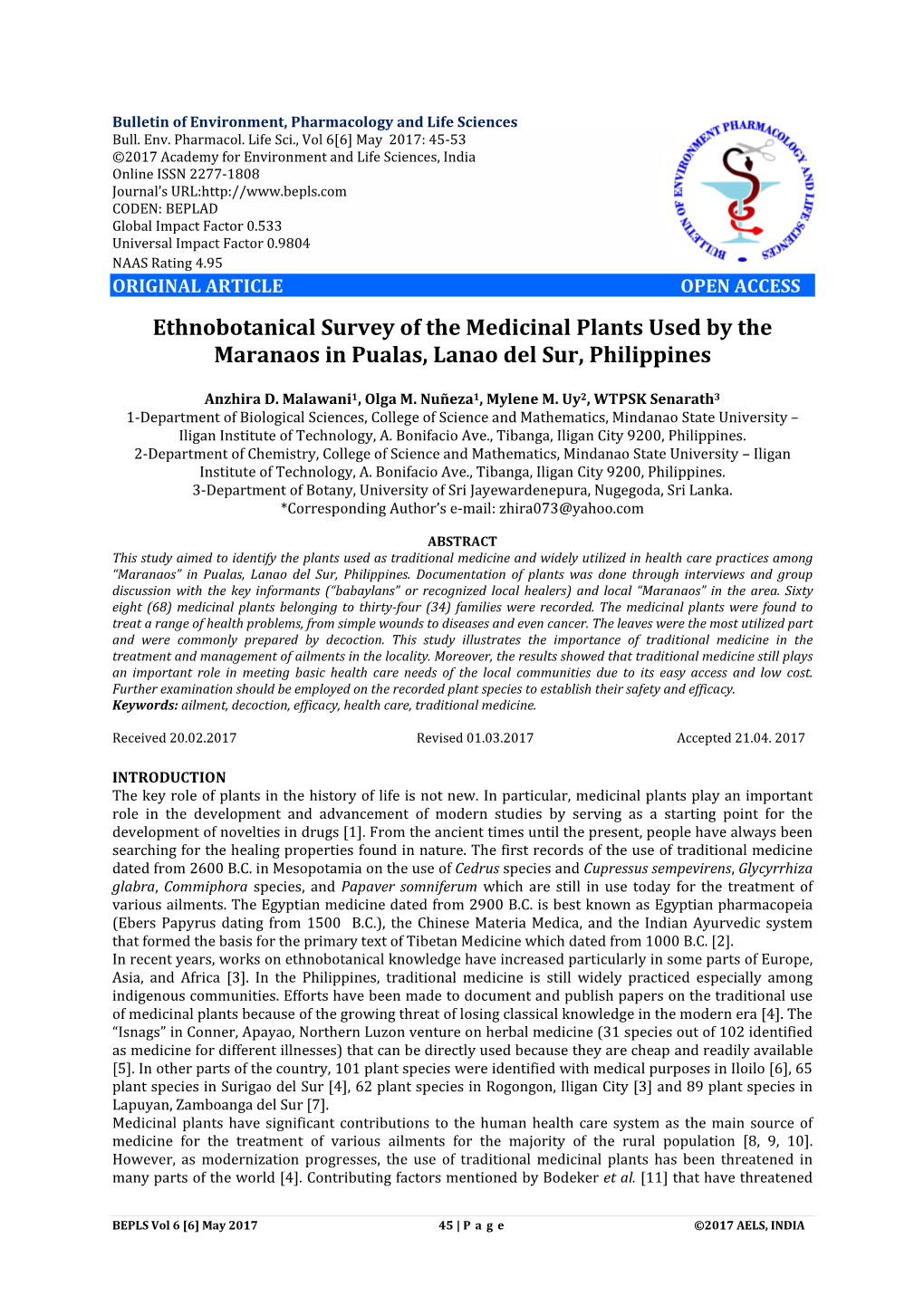 Ethnobotanical Survey of the Medicinal Plants Used by the Maranaos in Pualas, Lanao Del Sur, Philippines