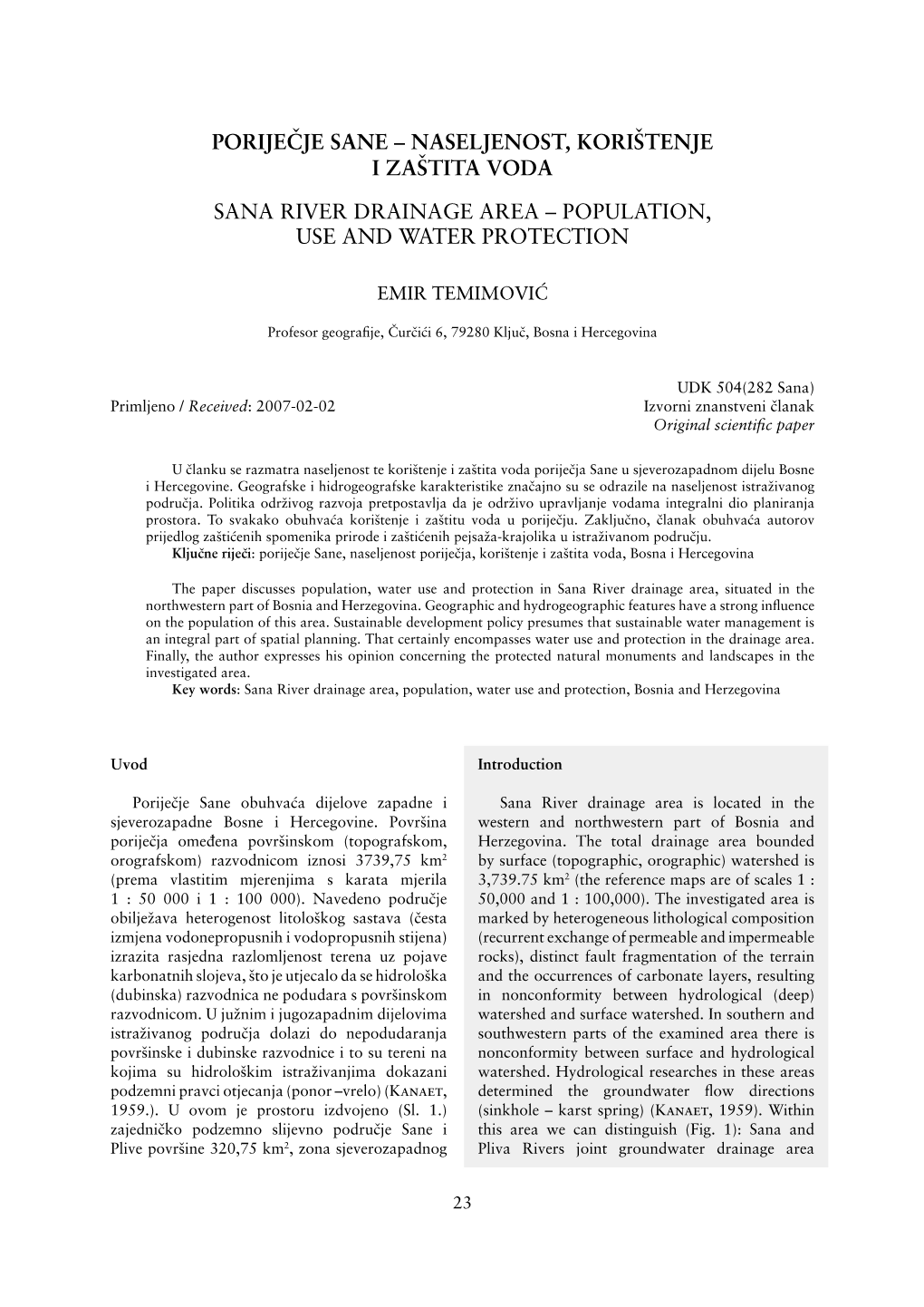 Naseljenost, Korištenje I Zaštita Voda Sana River Drainage Area – Population, Use and Water Protection