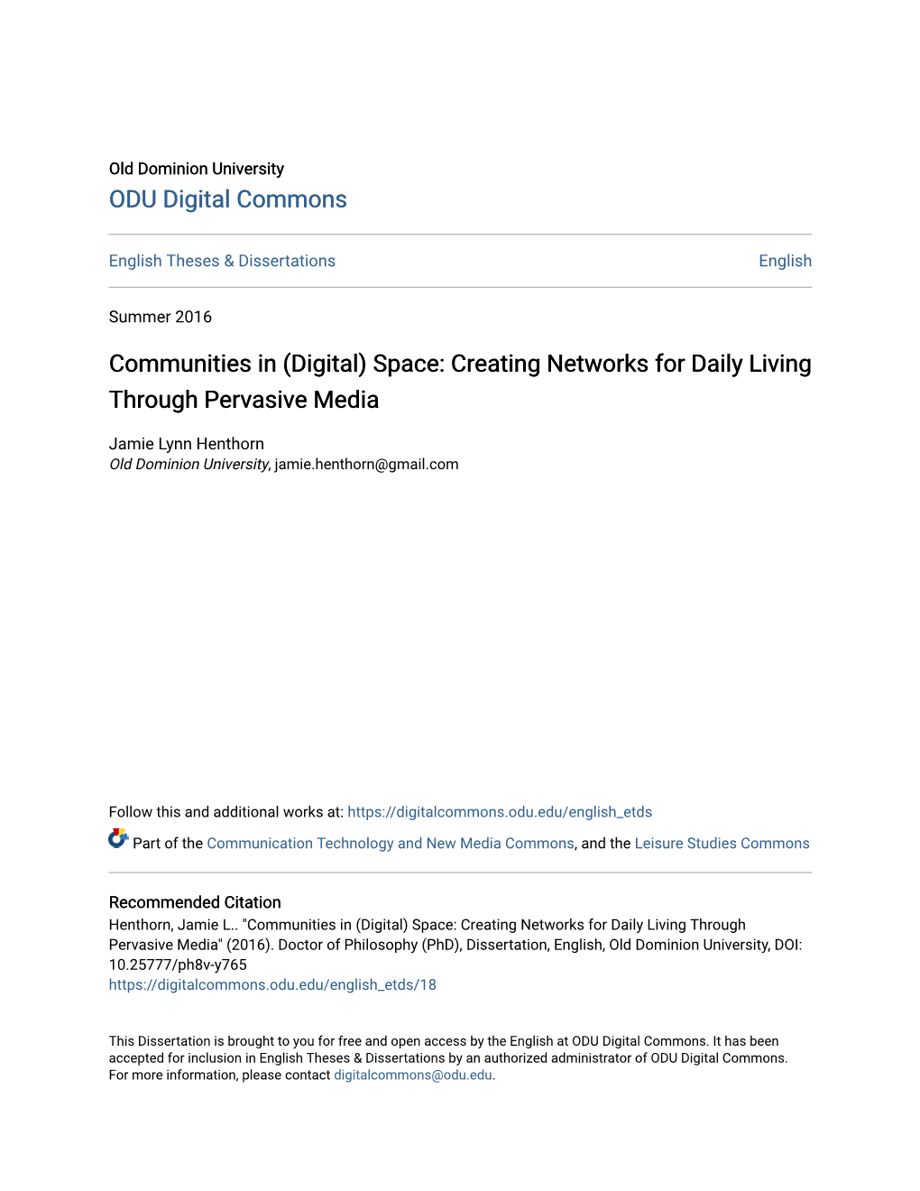 Communities in (Digital) Space: Creating Networks for Daily Living Through Pervasive Media