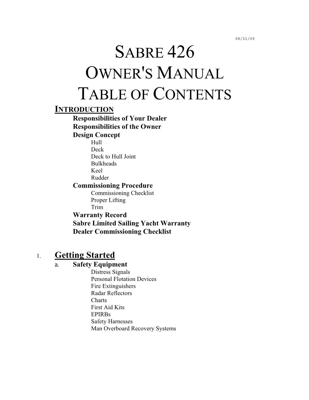 Sabre 426 Owner's Manual Table of Contents