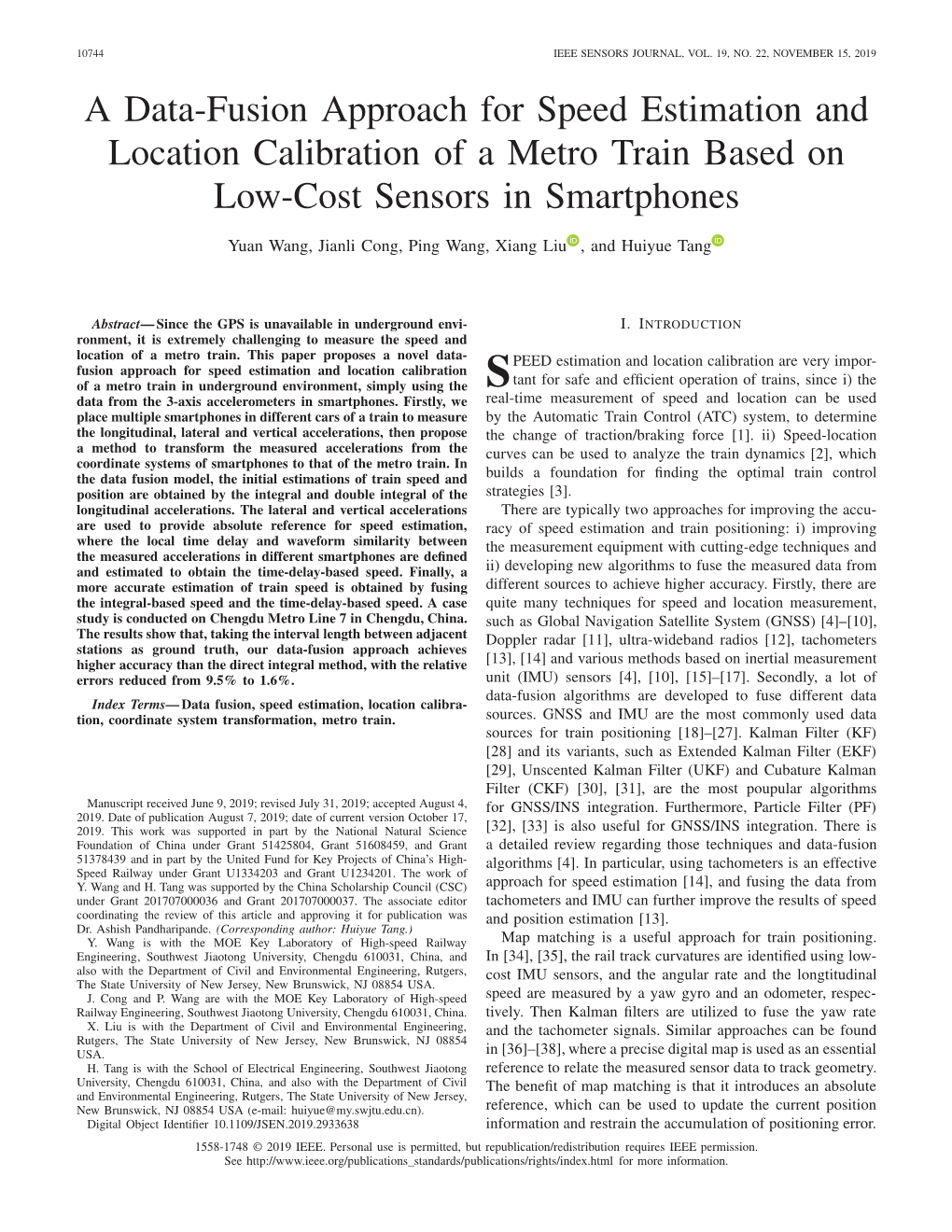 A Data-Fusion Approach for Speed Estimation and Location Calibration of a Metro Train Based on Low-Cost Sensors in Smartphones