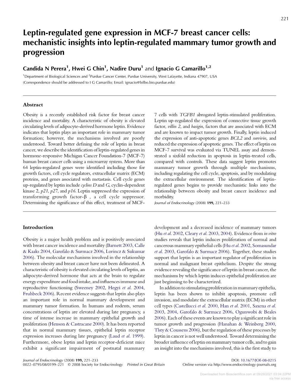 Leptin-Regulated Gene Expression in MCF-7 Breast Cancer Cells: Mechanistic Insights Into Leptin-Regulated Mammary Tumor Growth and Progression