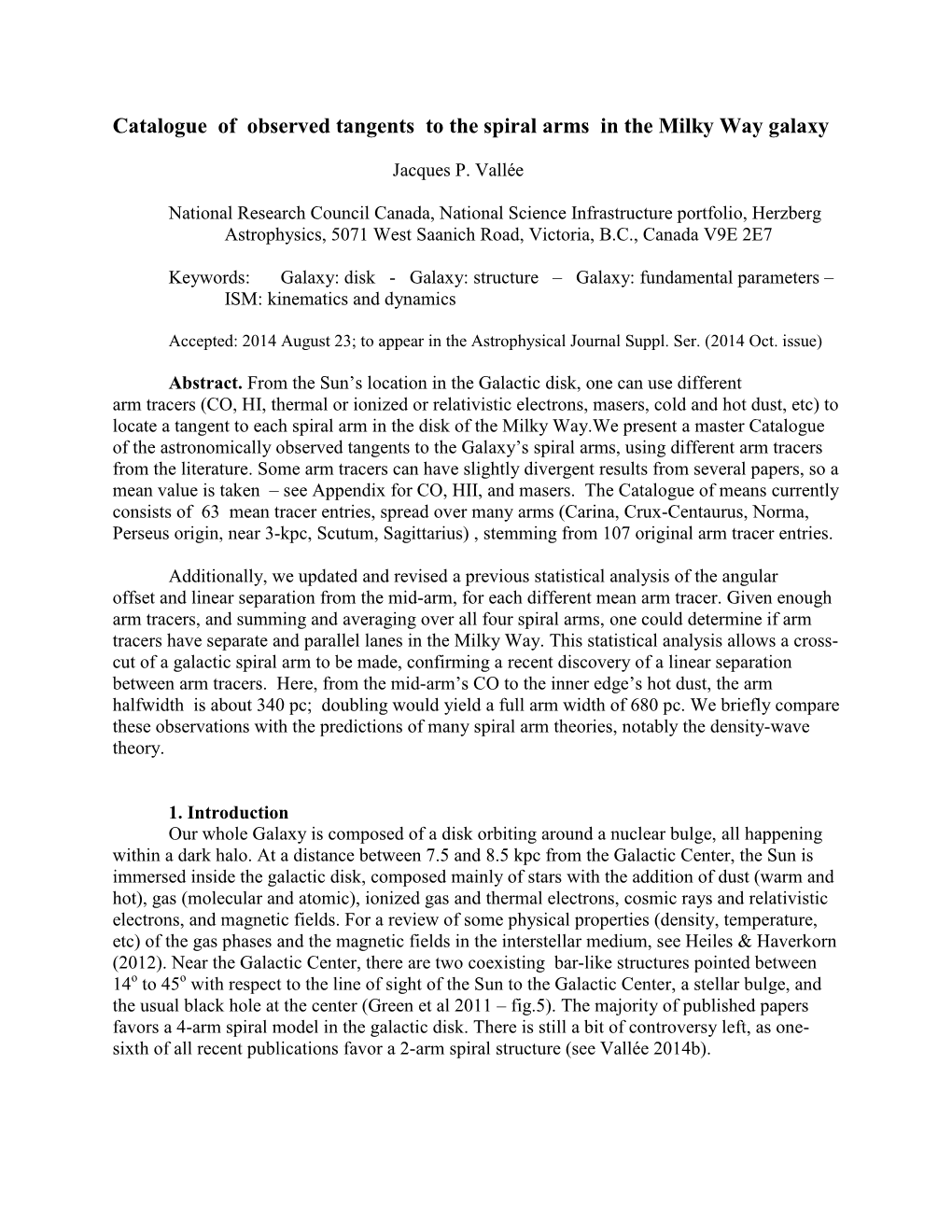 Catalogue of Observed Tangents to the Spiral Arms in the Milky Way Galaxy