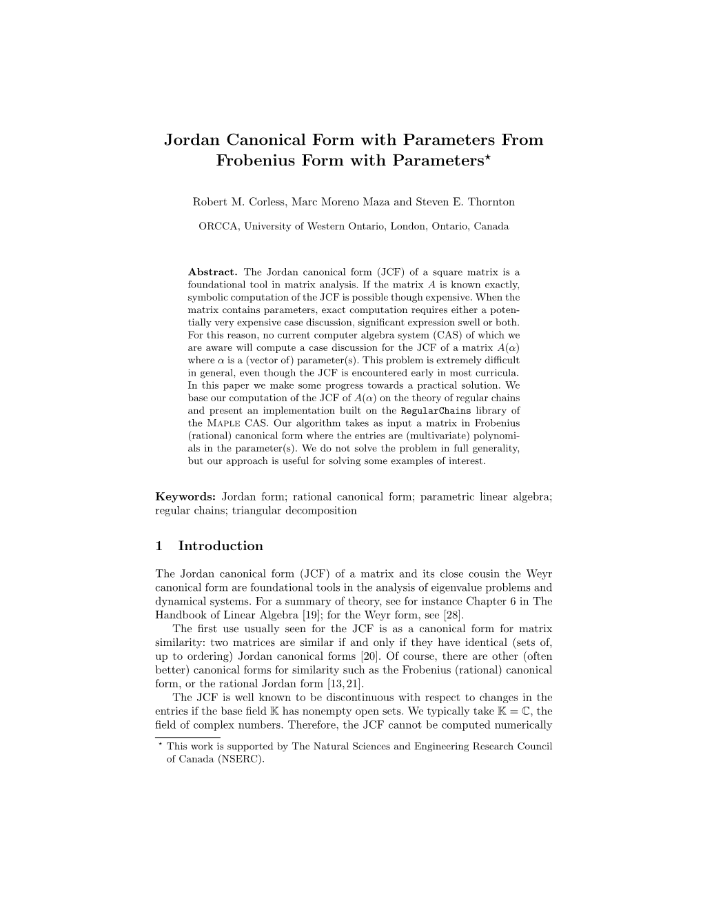 Jordan Canonical Form with Parameters from Frobenius Form with Parameters?