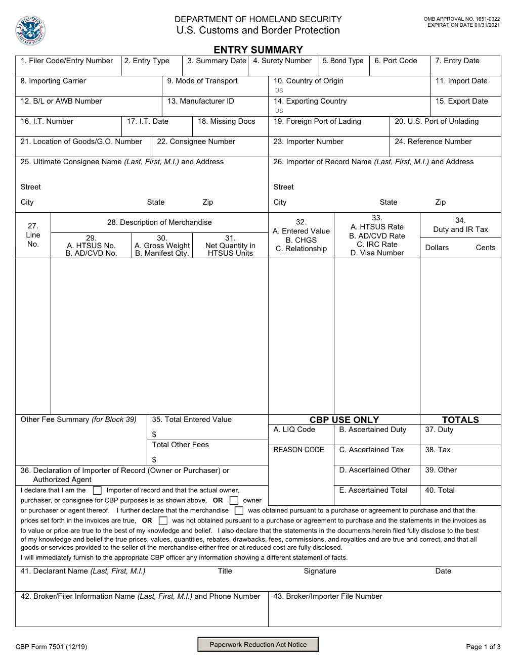 CBP Form 7501 (12/19) Page 1 of 3 DEPARTMENT of HOMELAND SECURITY U.S