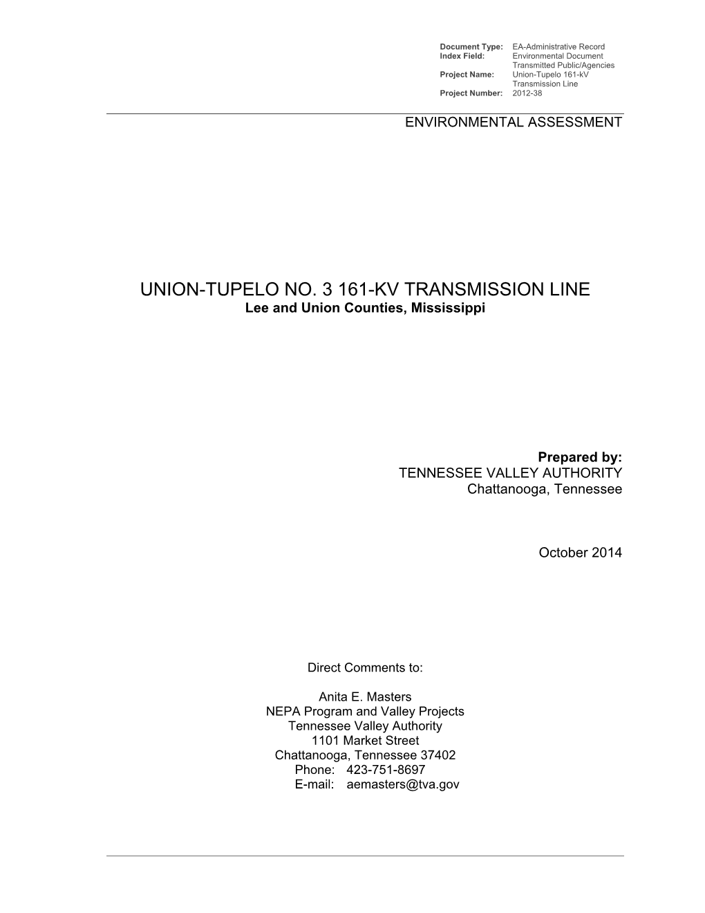 UNION-TUPELO NO. 3 161-KV TRANSMISSION LINE Lee and Union Counties, Mississippi