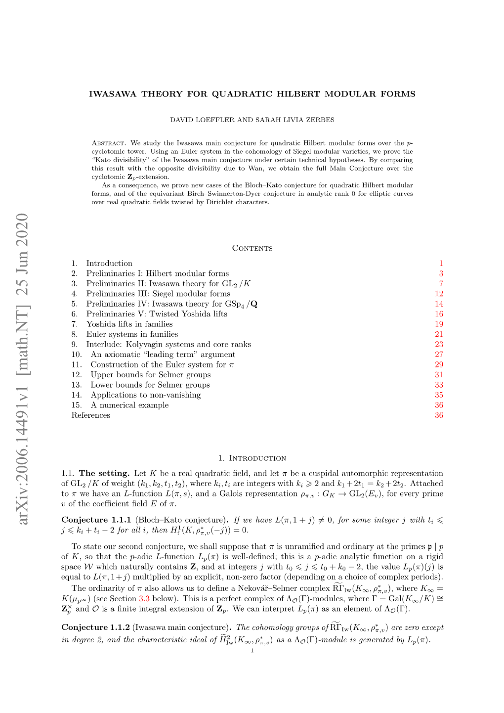 Arxiv:2006.14491V1 [Math.NT] 25 Jun 2020 6 1 ∗ J 6 Ki + Ti − 2 for All I, Then Hf (K, Ρπ,V(−J)) = 0