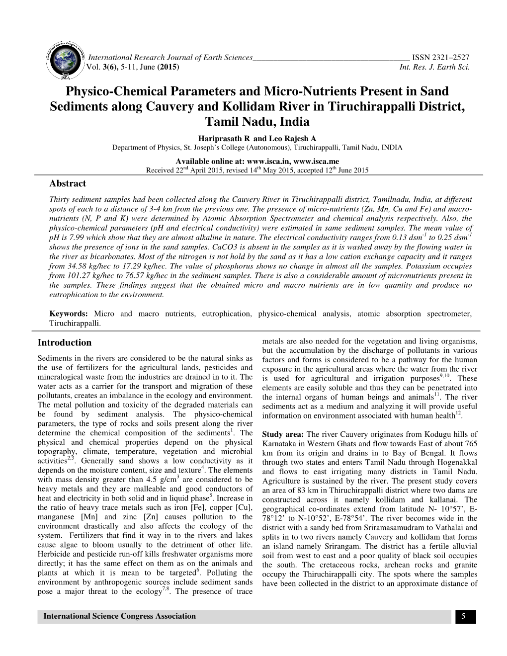 Physico-Chemical Parameters and Micro-Nutrients Present in Sand Sediments Along Cauvery and Kollidam River in Tiruchirappalli District, Tamil Nadu, India