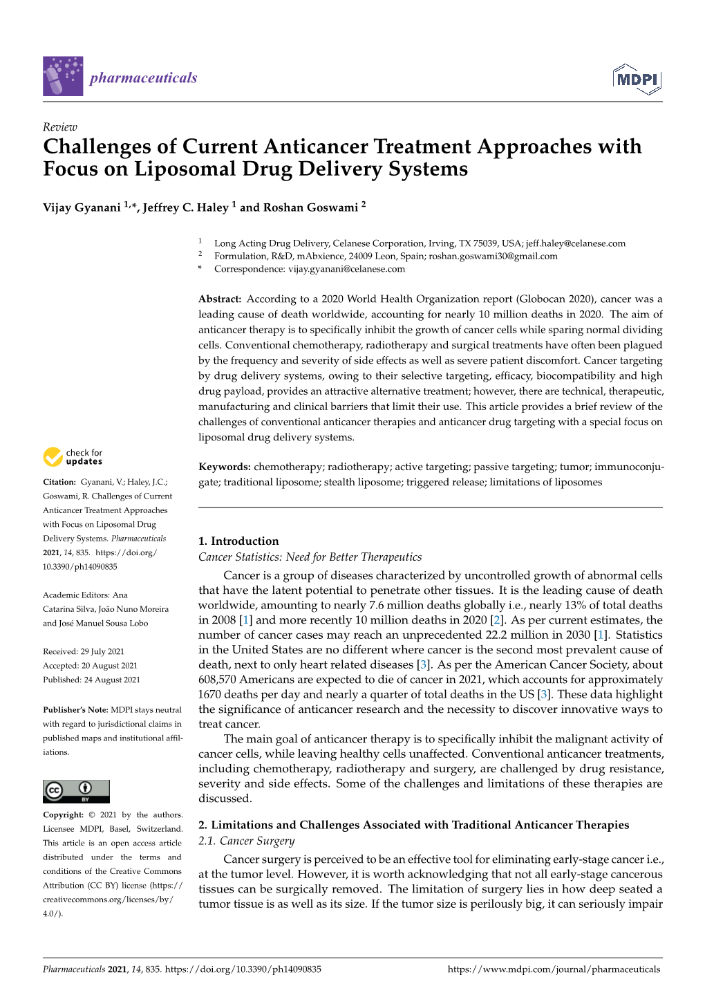 Challenges of Current Anticancer Treatment Approaches with Focus on Liposomal Drug Delivery Systems