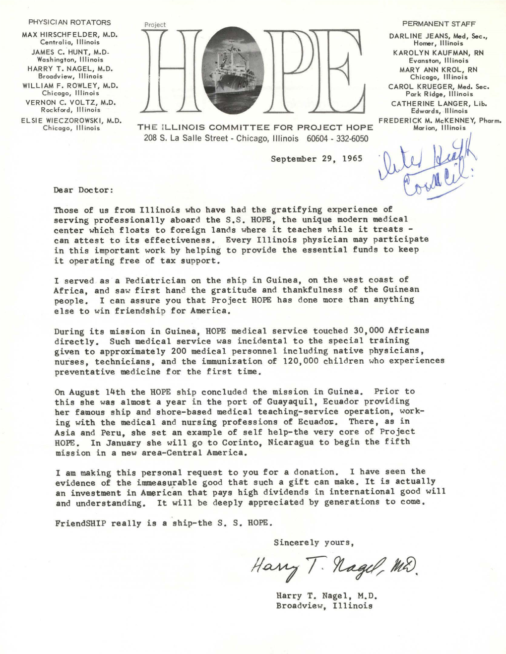 Letter from Harry T. Nagel, M.D. to Dear Doctor