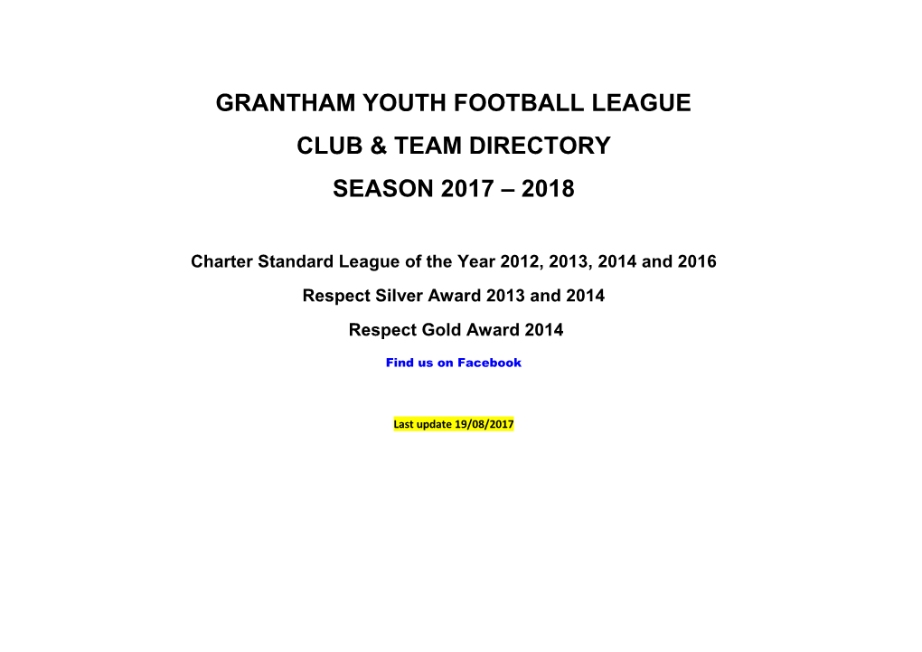 Grantham Youth Football League Club & Team Directory Season 2017 – 2018