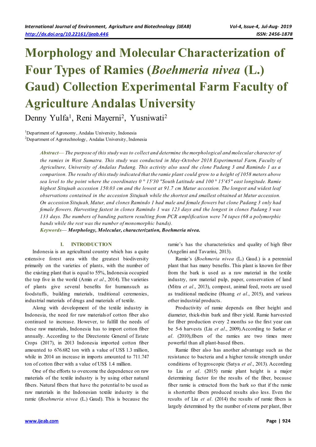 Morphology and Molecular Characterization of Four Types of Ramies (Boehmeria Nivea (L.) Gaud)