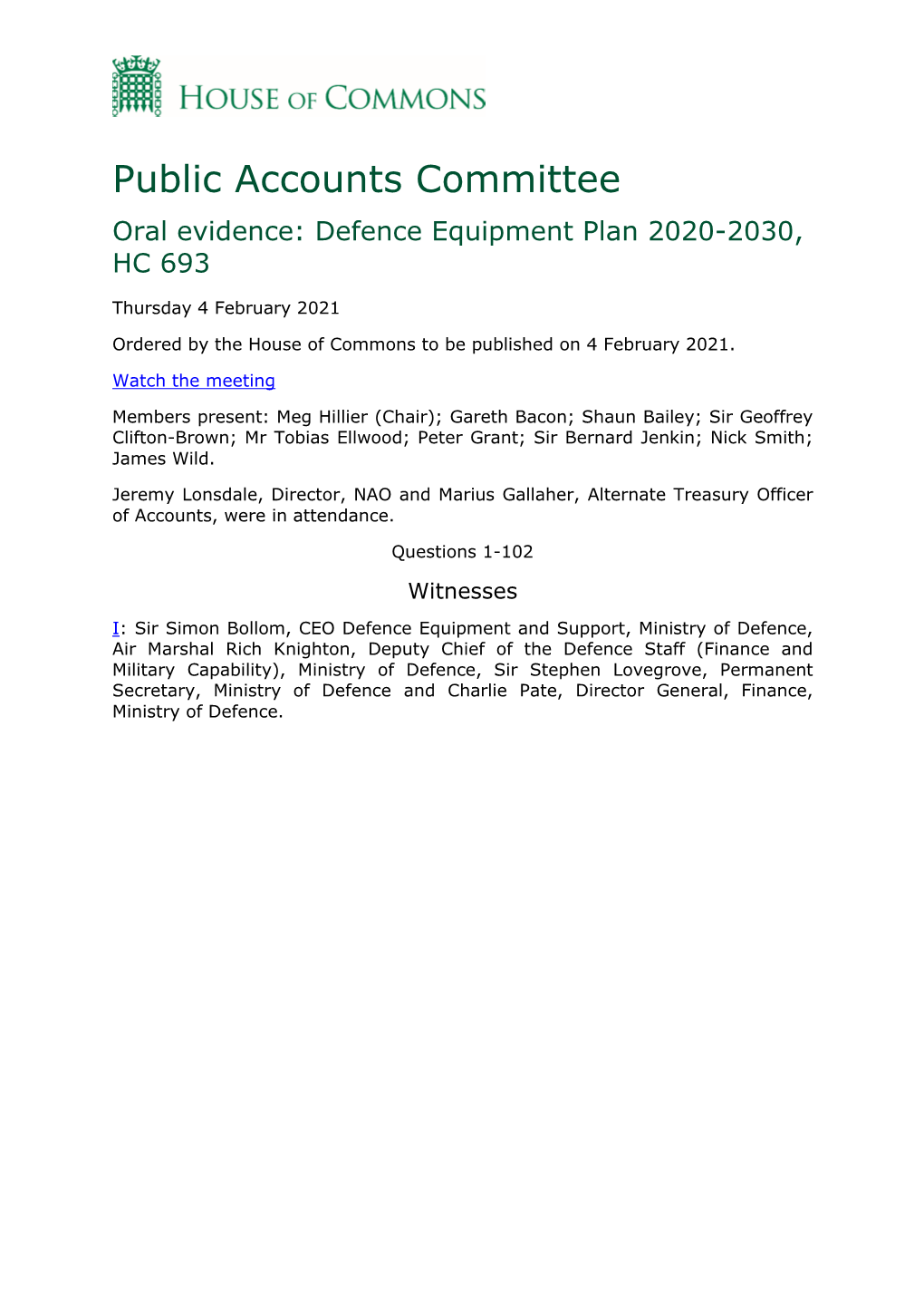 Public Accounts Committee Oral Evidence: Defence Equipment Plan 2020-2030, HC 693