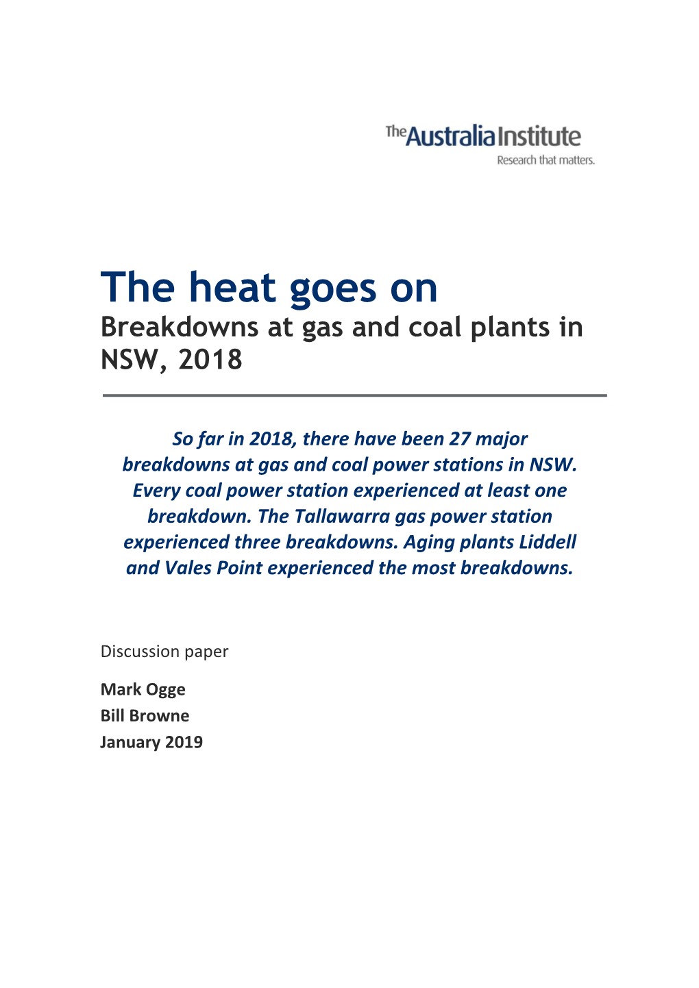 The Heat Goes on Breakdowns at Gas and Coal Plants in NSW, 2018