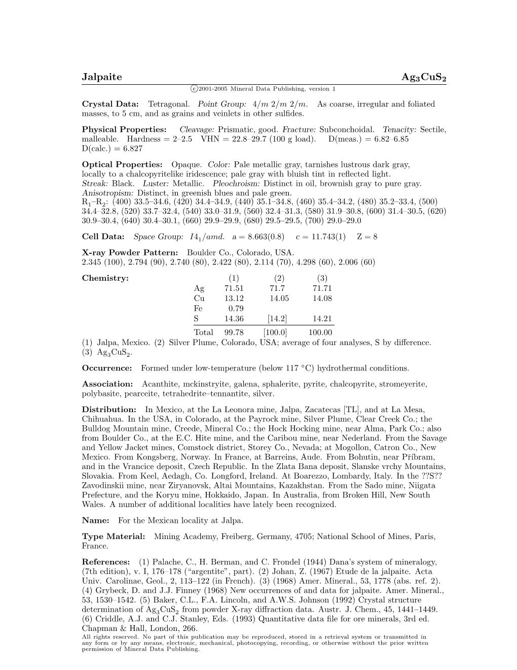 Jalpaite Ag3cus2 C 2001-2005 Mineral Data Publishing, Version 1 Crystal Data: Tetragonal