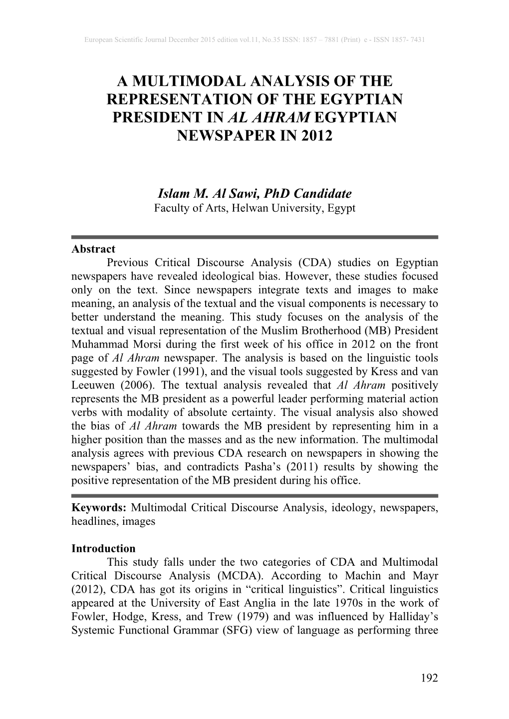 A Multimodal Analysis of the Representation of the Egyptian President in Al Ahram Egyptian Newspaper in 2012