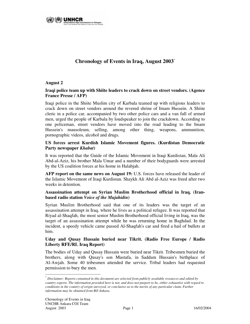 Chronology of Events in Iraq, August 2003*