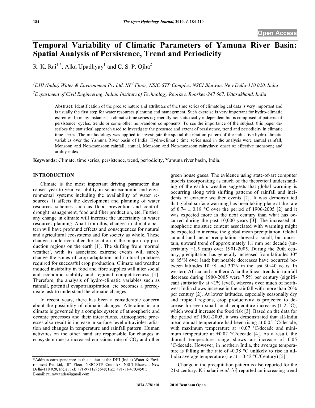 Temporal Variability of Climatic Parameters of Yamuna River Basin: Spatial Analysis of Persistence, Trend and Periodicity R