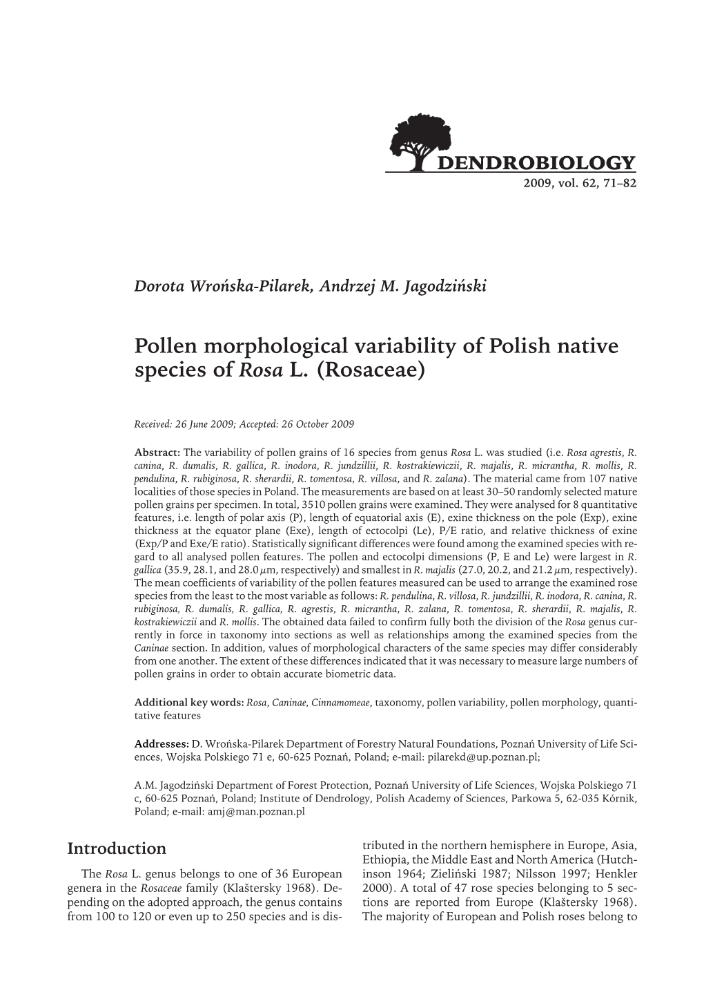 Pollen Morphological Variability of Polish Native Species of Rosa L. (Rosaceae)