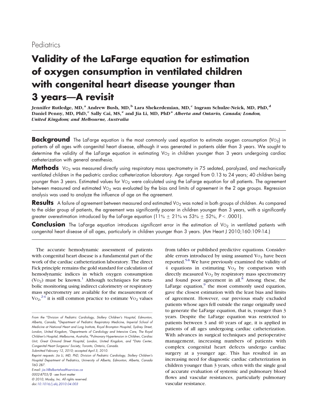 Validity of the Lafarge Equation for Estimation of Oxygen Consumption