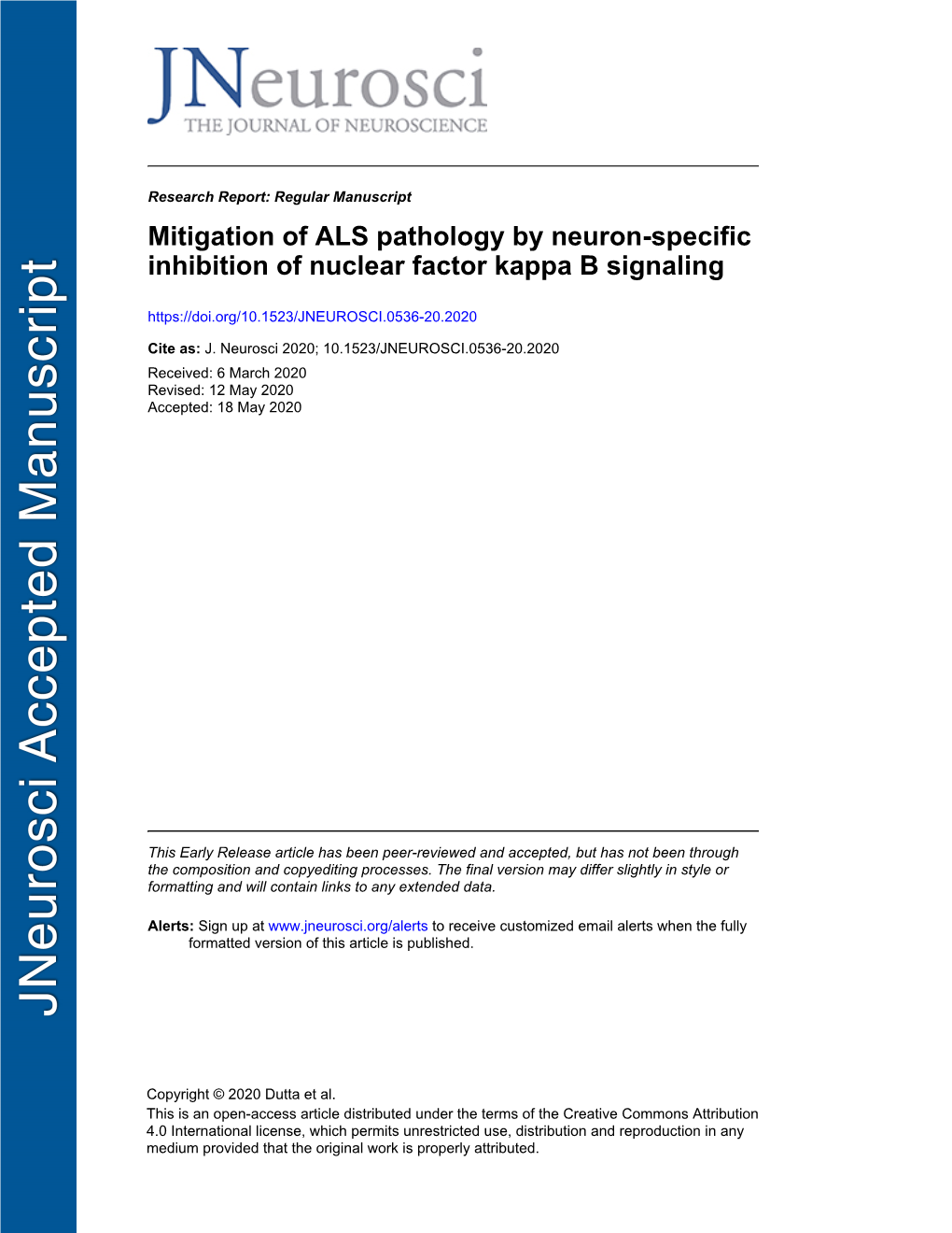 Mitigation of ALS Pathology by Neuron-Specific Inhibition of Nuclear Factor Kappa B Signaling