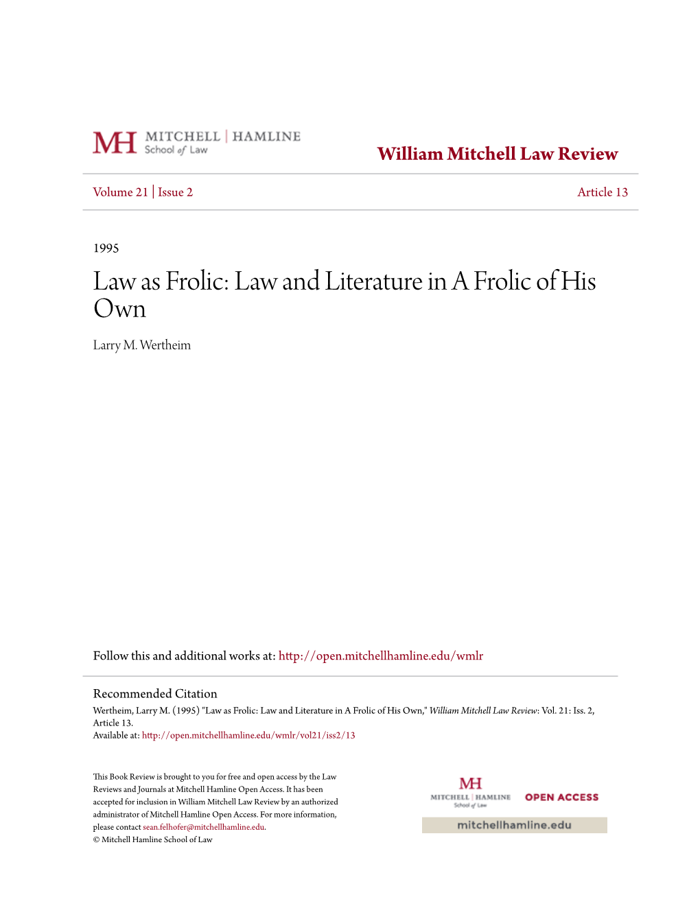 Law As Frolic: Law and Literature in a Frolic of His Own Larry M