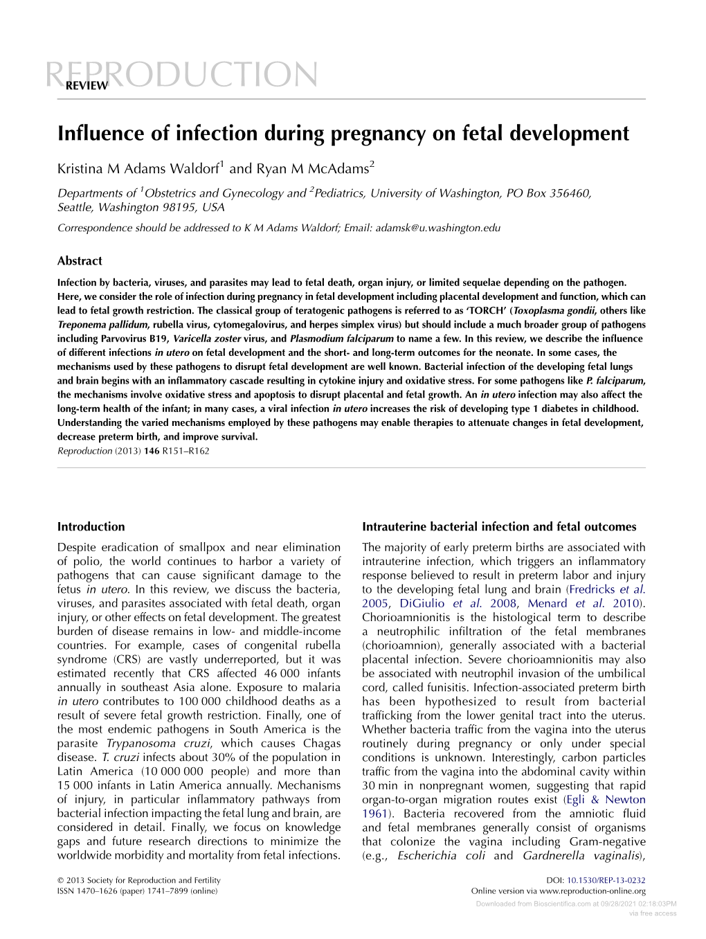 Influence of Infection During Pregnancy on Fetal Development