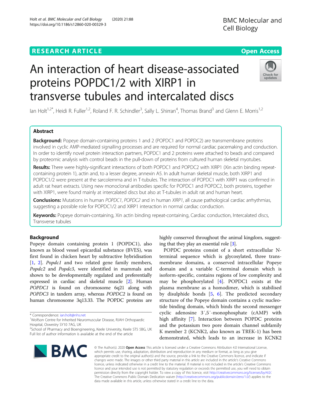 An Interaction of Heart Disease-Associated Proteins POPDC1/2 with XIRP1 in Transverse Tubules and Intercalated Discs Ian Holt1,2*, Heidi R