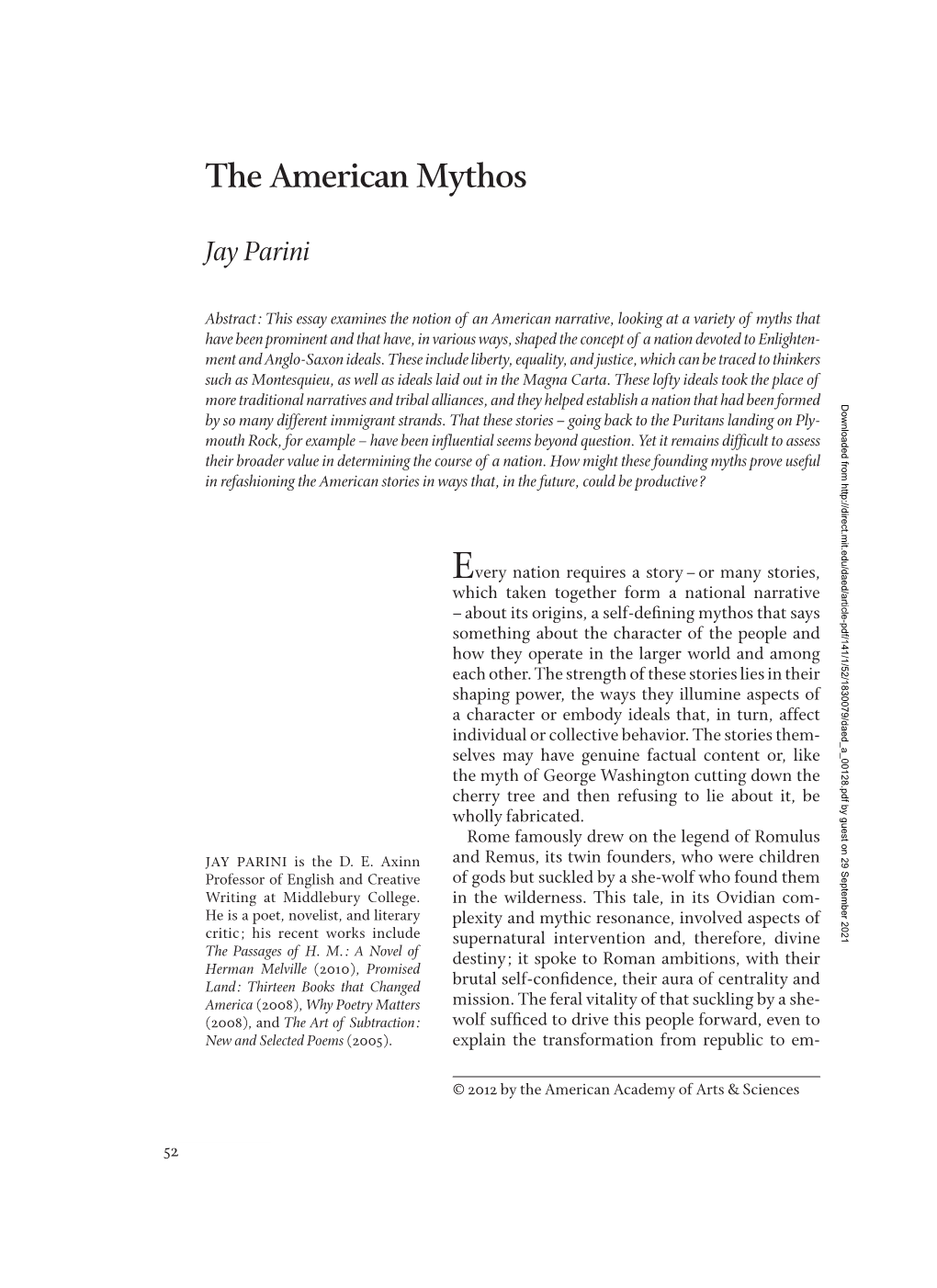 The American Mythos Jay Parini