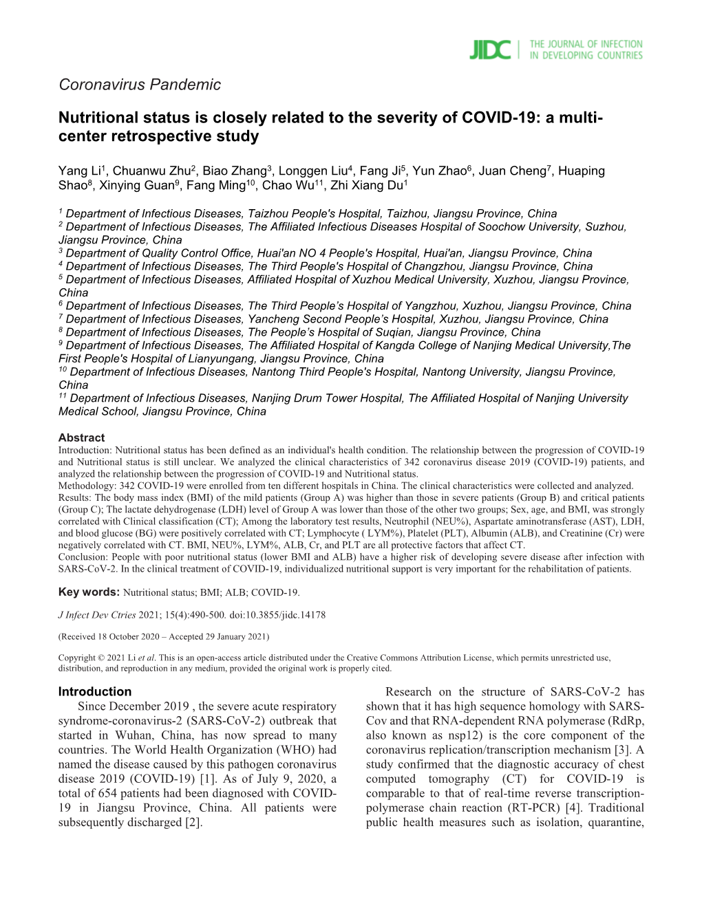 Nutritional Status Is Closely Related to the Severity of COVID-19: a Multi- Center Retrospective Study