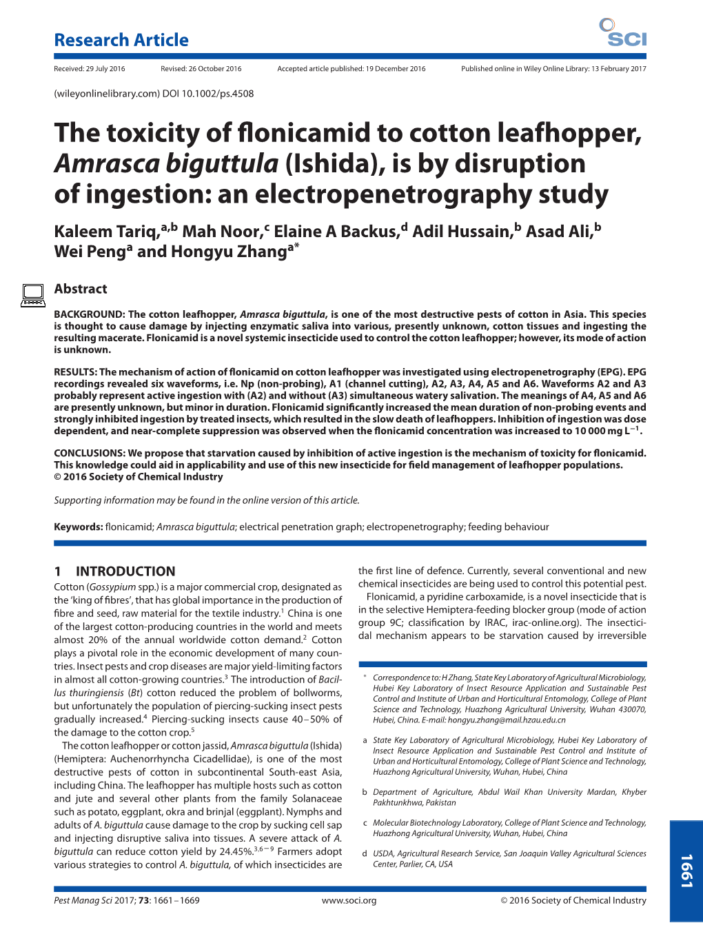 The Toxicity of Flonicamid to Cotton Leafhopper, Amrasca Biguttula (Ishida) Is 1 by Disruption of Ingestion: an EPG Study