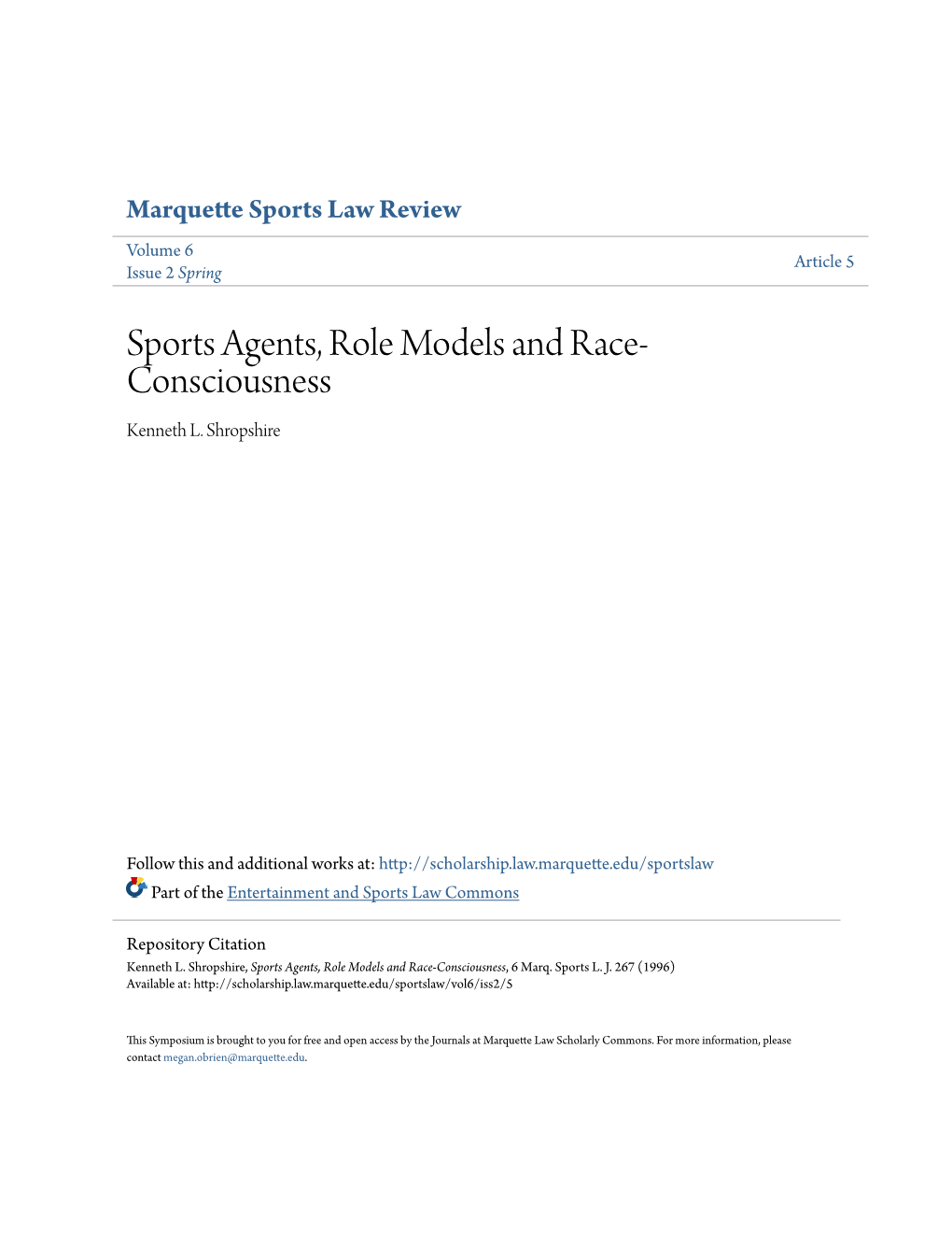 Sports Agents, Role Models and Race-Consciousness, 6 Marq