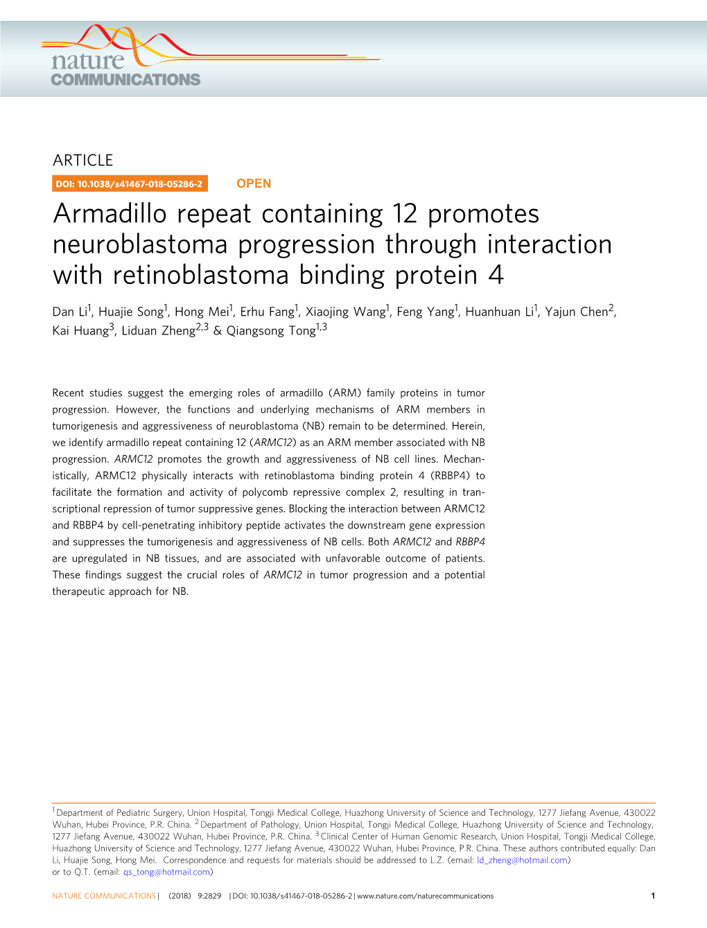 Armadillo Repeat Containing 12 Promotes Neuroblastoma Progression Through Interaction with Retinoblastoma Binding Protein 4