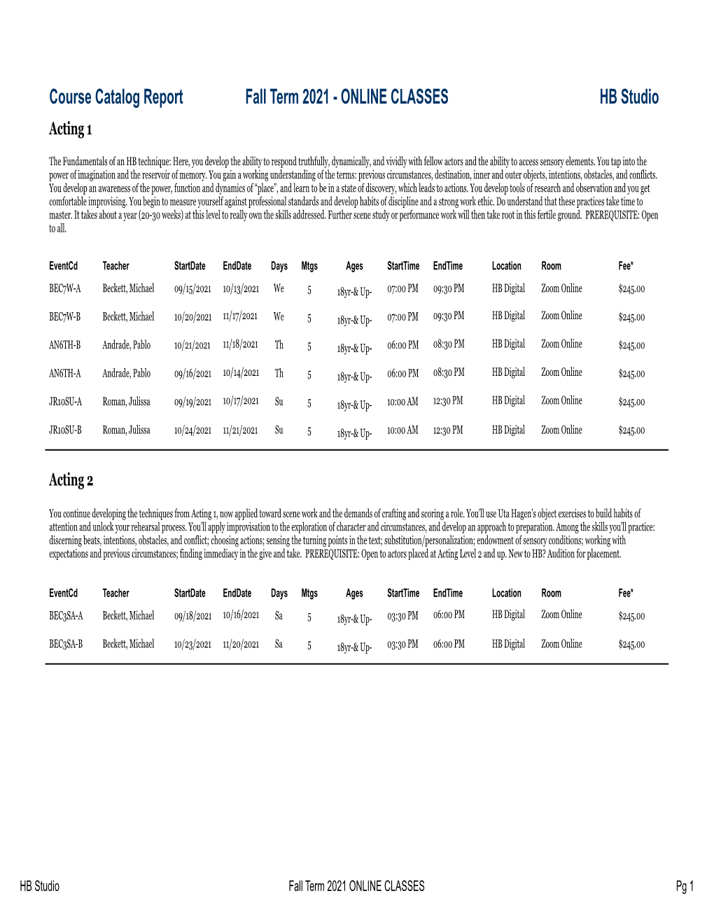 ONLINE CLASSES HB Studio Acting 1