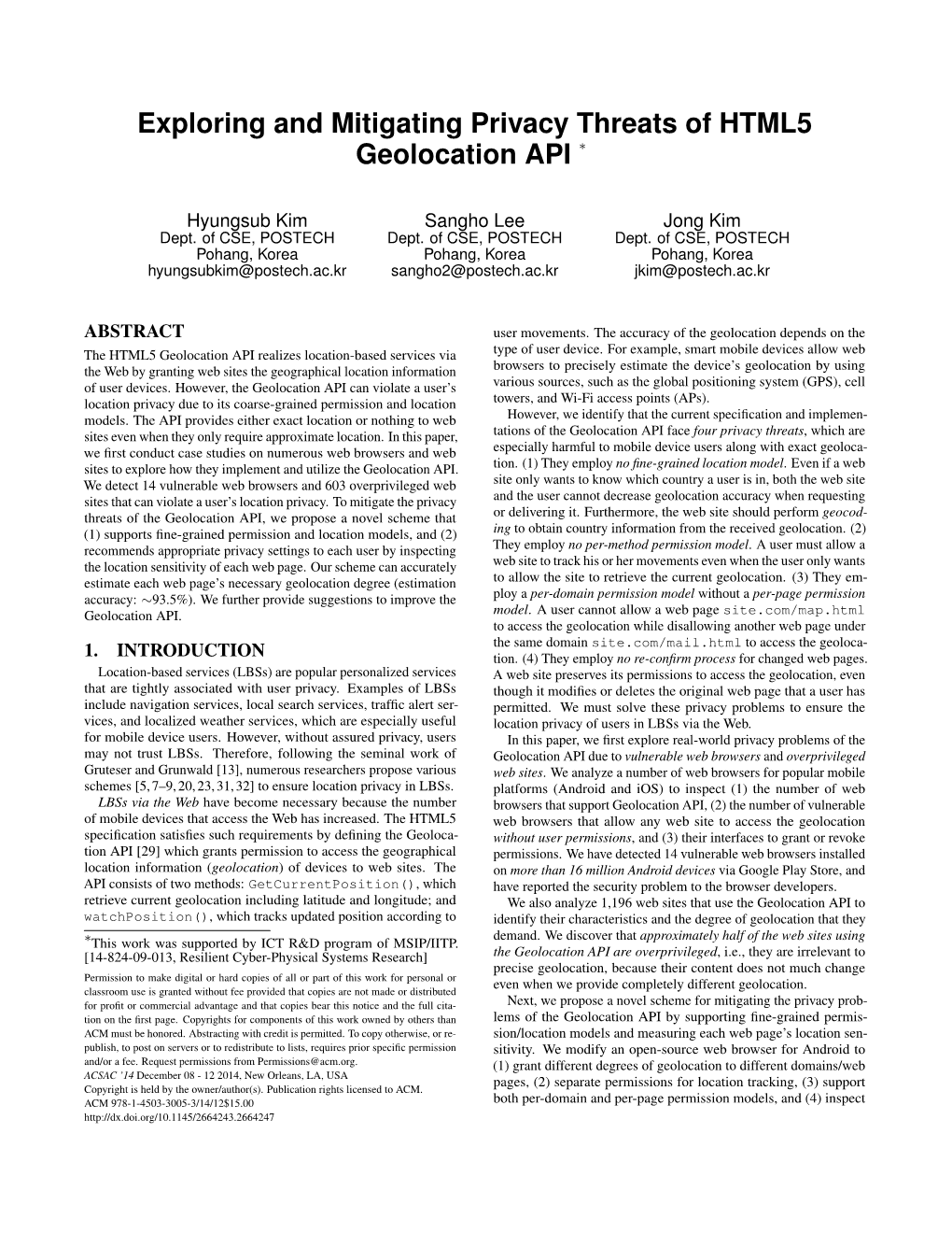 Exploring and Mitigating Privacy Threats of HTML5 Geolocation API ∗