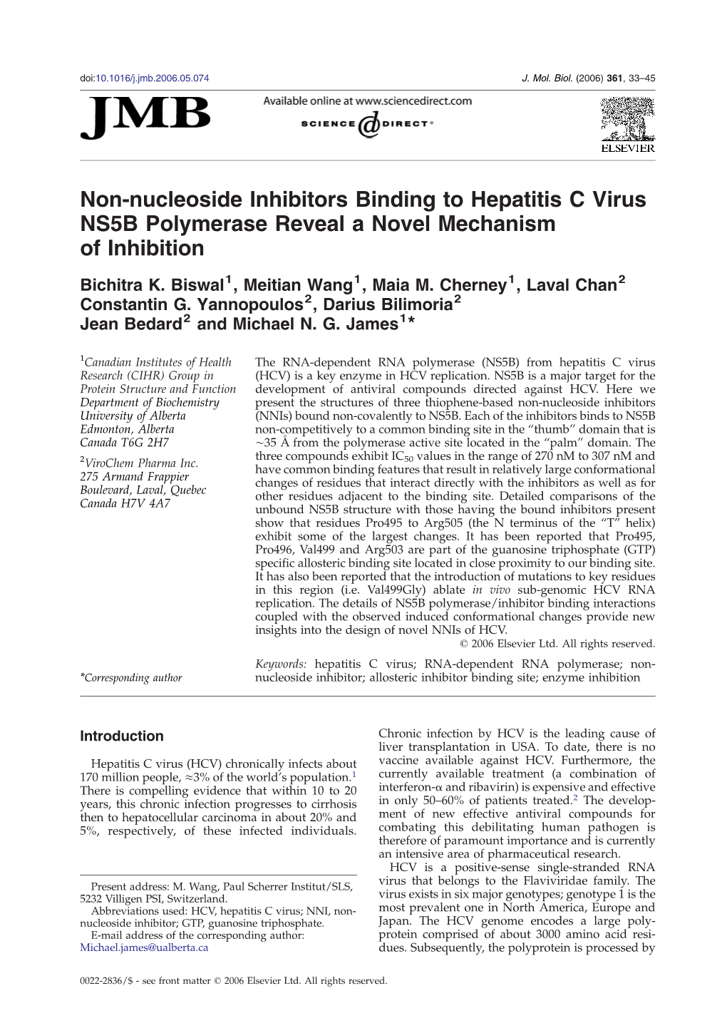 Non-Nucleoside Inhibitors Binding to Hepatitis C Virus NS5B Polymerase Reveal a Novel Mechanism of Inhibition