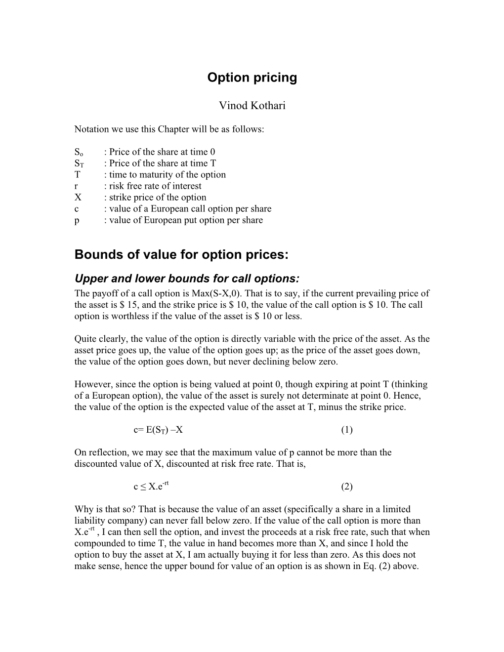 Option Pricing Bounds of Value for Option Prices